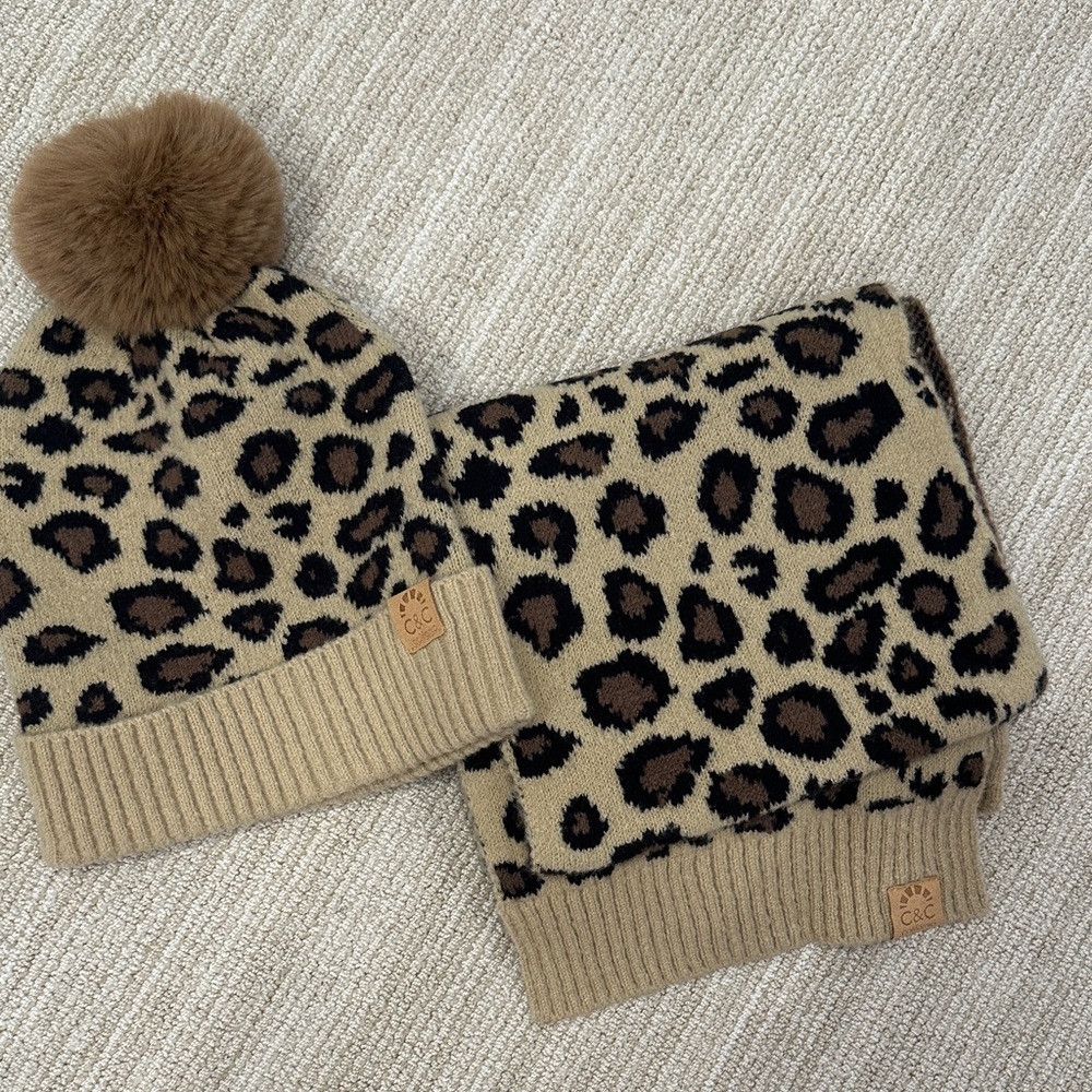 C.C  Leopard Print Beanie and Scarf Set